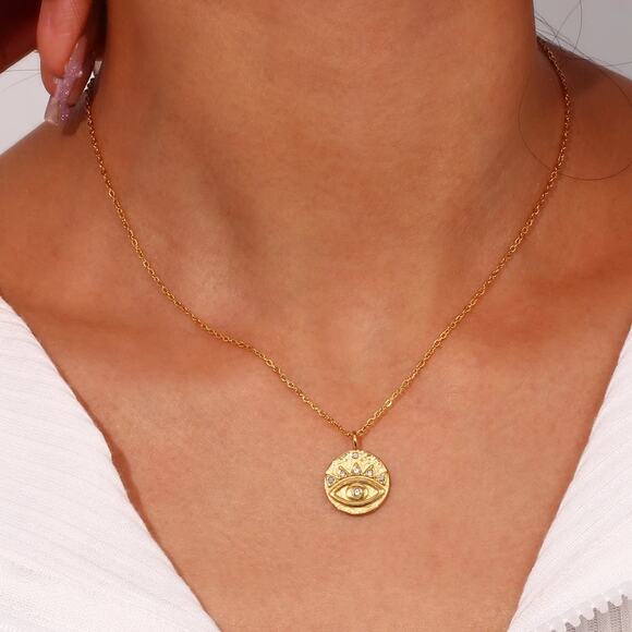 Evil Eye 18K Gold Plated Stainless Steel Coin Zircon Pendant Necklace Protection - Picture 3 of 10